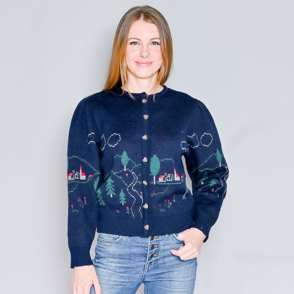 592. VINTAGE Silber-Distel Trachten Austrian Village Wool Cardigan XS-L - Picture 1 of 13